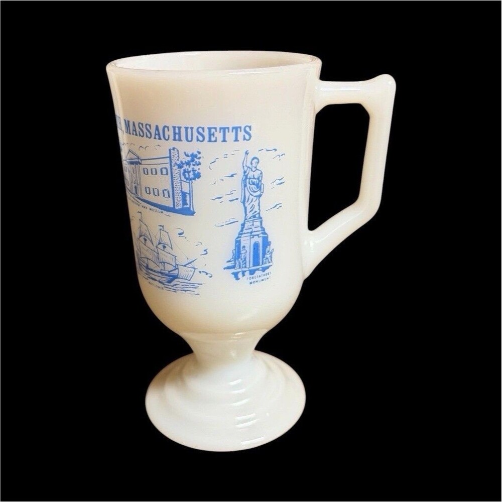 Vtg Federal Milk Glass Footed Mug Plymouth Massachusetts Souvenir Coffee Cup